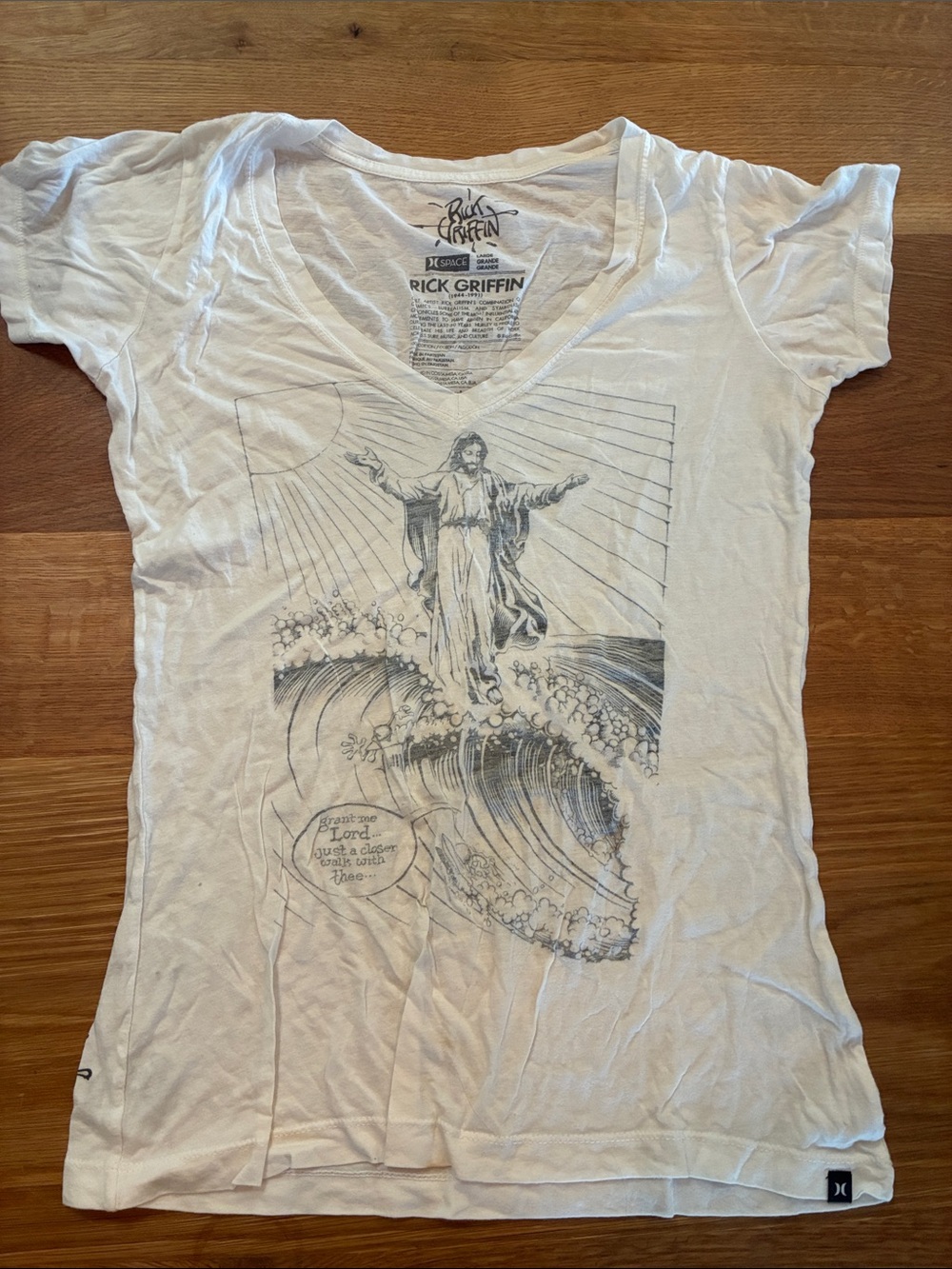 Signed Rick Griffin collab Hurley White V-Neck Tee with Surfing Jesus Art.  L